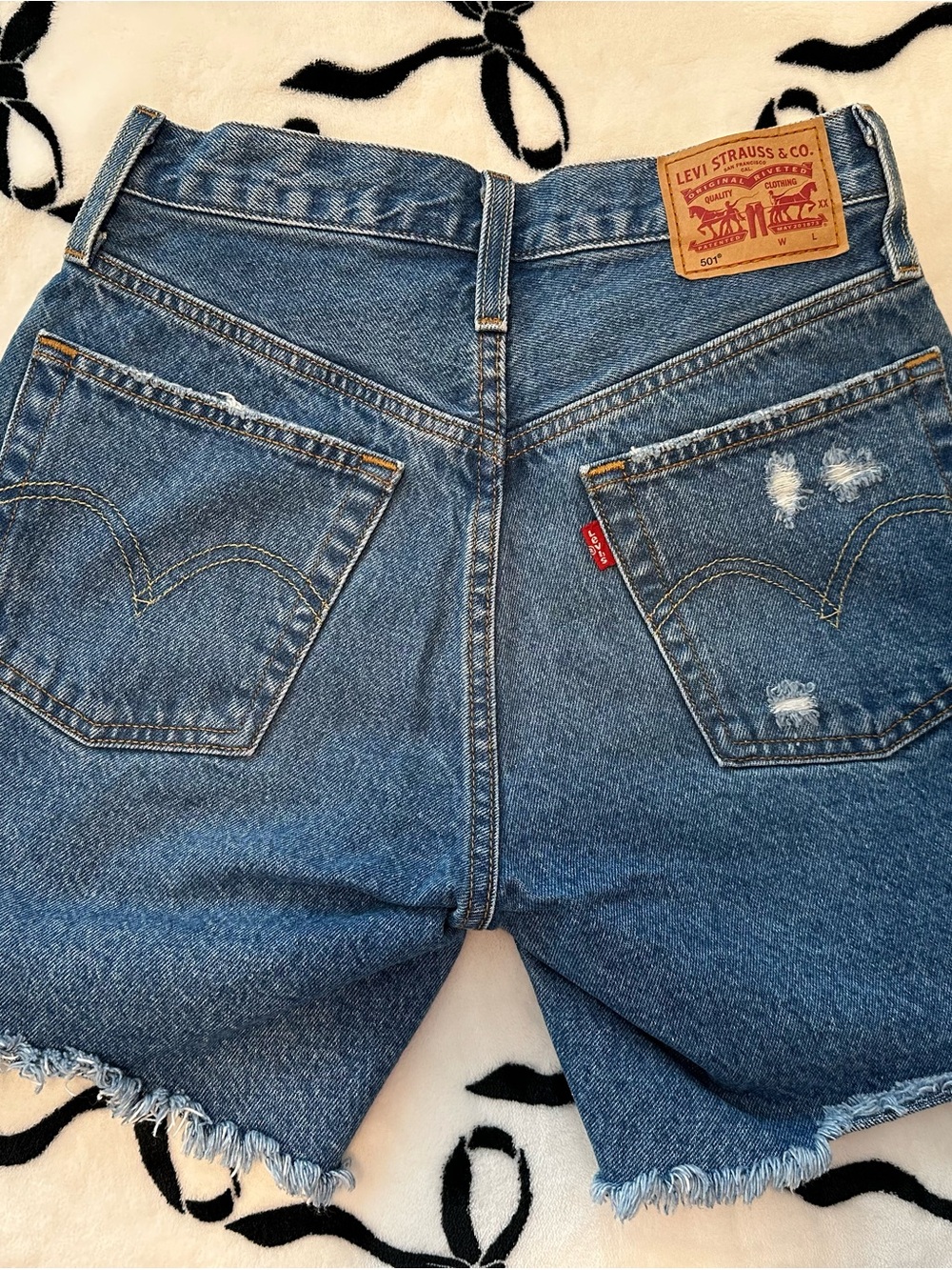 Levi's Medium Blue Denim High-Rise Shorts with Leather Patch